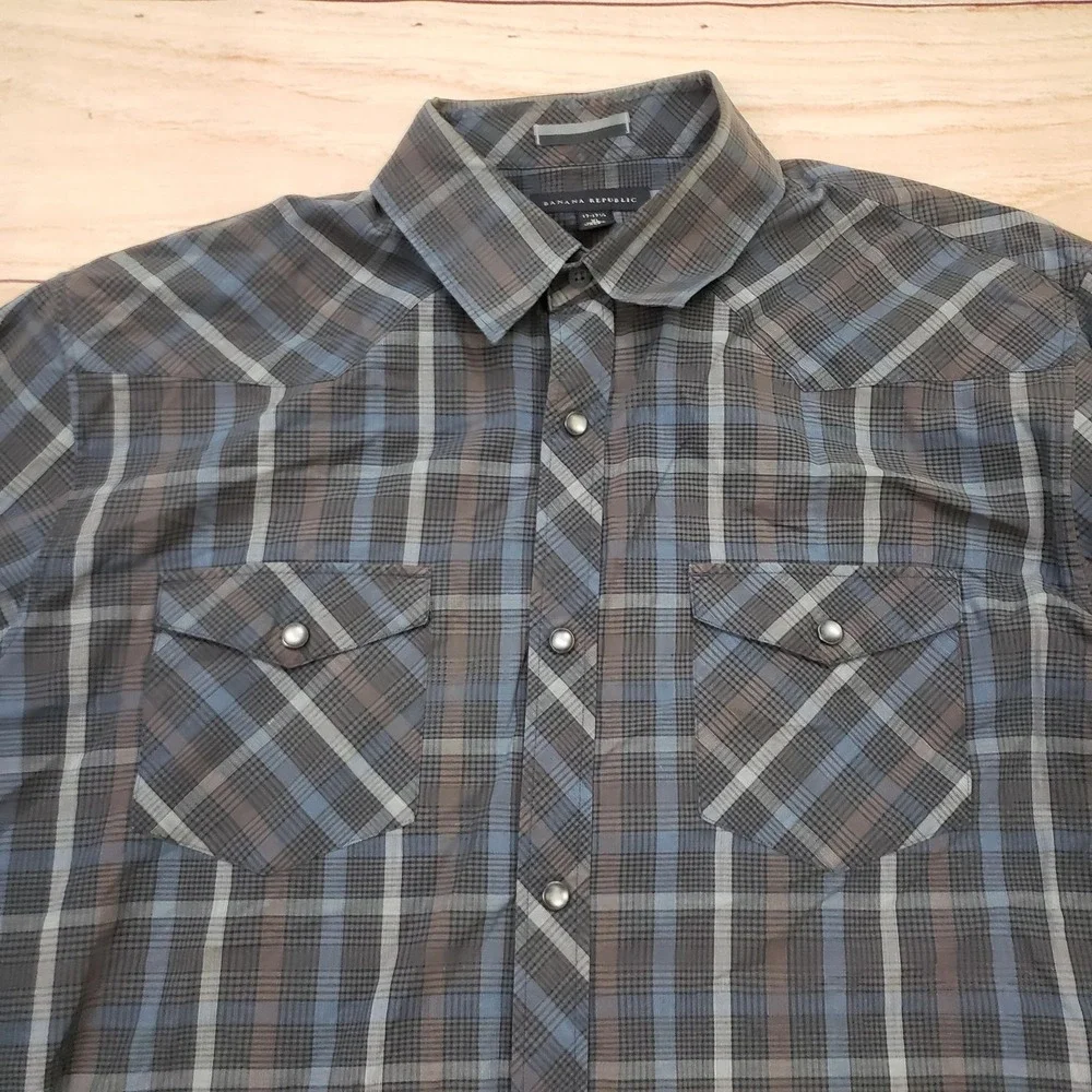Banana Republic Shirt Mens XL Blue Gray Plaid Pearl Snap Long‎ Sleeve Western